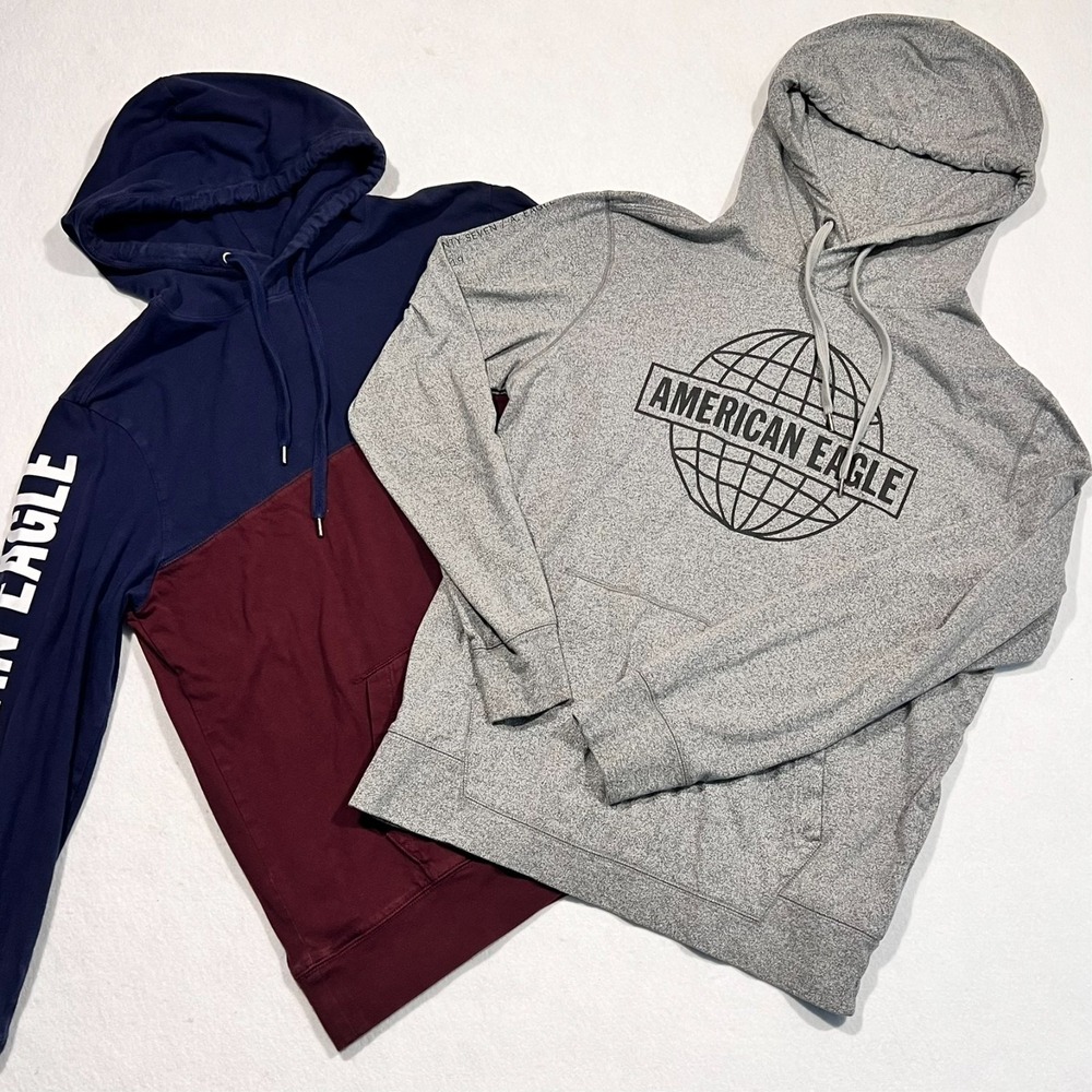 American‎ Eagle Lot of 2 Hoodies Sleeve Spellout Colorblock Gray Men's Medium